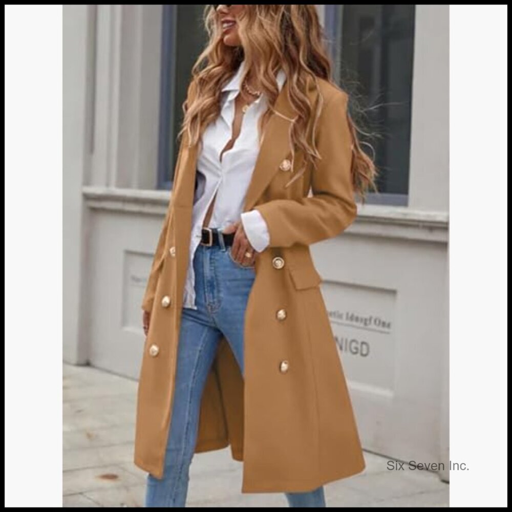 Long Wool Blend Pea Coat with Notch Collar and Knee Length - Picture 2 of 5